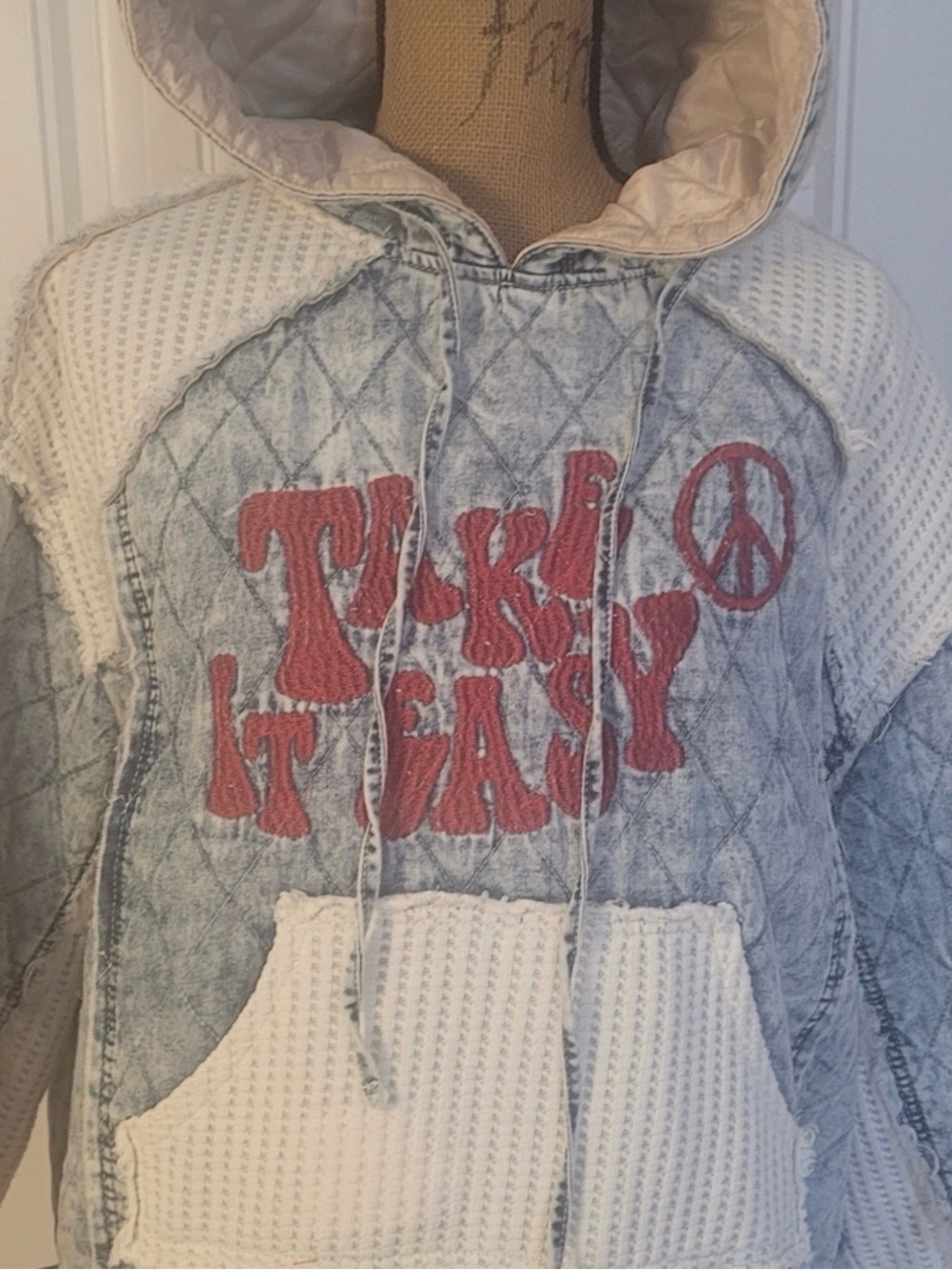 POL TAKE IT EASY/PEACE Hoodie, Quilted Denim/Knit, NWOT, S, EPIC Find❤️☮️